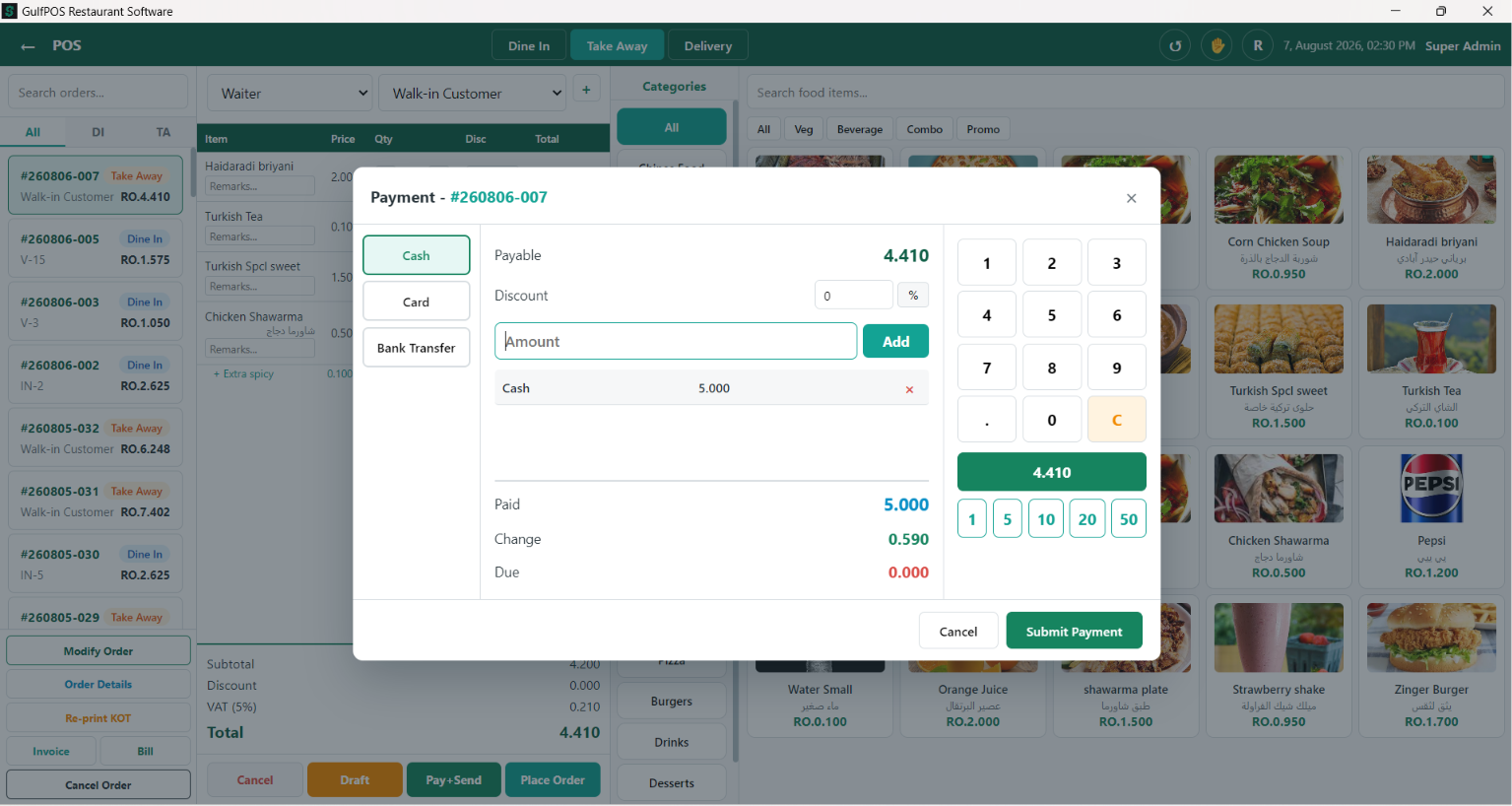 Fast billing for dine-in, takeaway & delivery